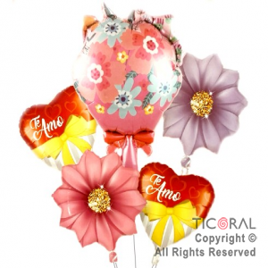 SET DE GLOBOS METALIZADO TE AMO CON FLOR LILA 5 UNIDADES 